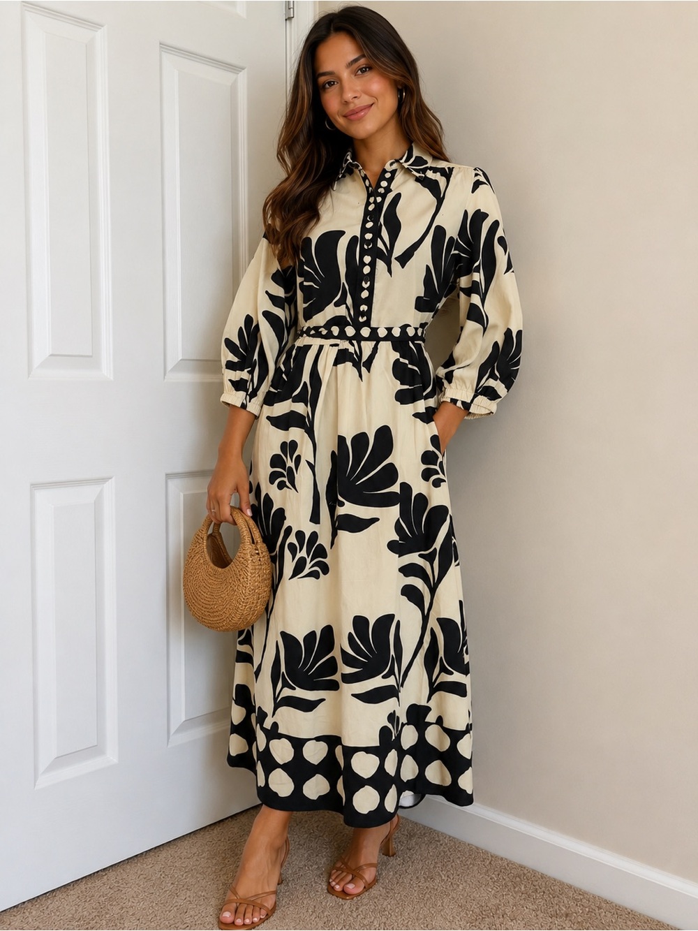 Elegant Black and Cream Floral Maxi Dress